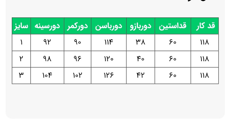 جدول سایز بارانی زنانه