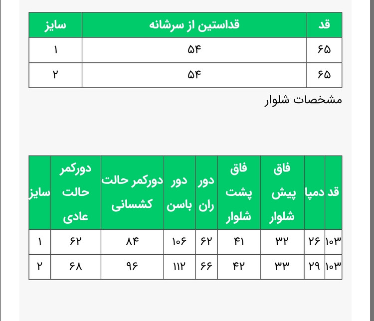جدول سایز بندی